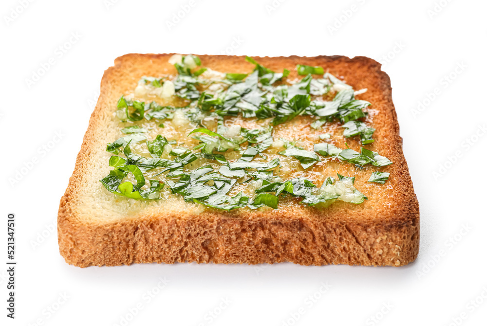 Slice of toasted garlic bread with parsley on white background