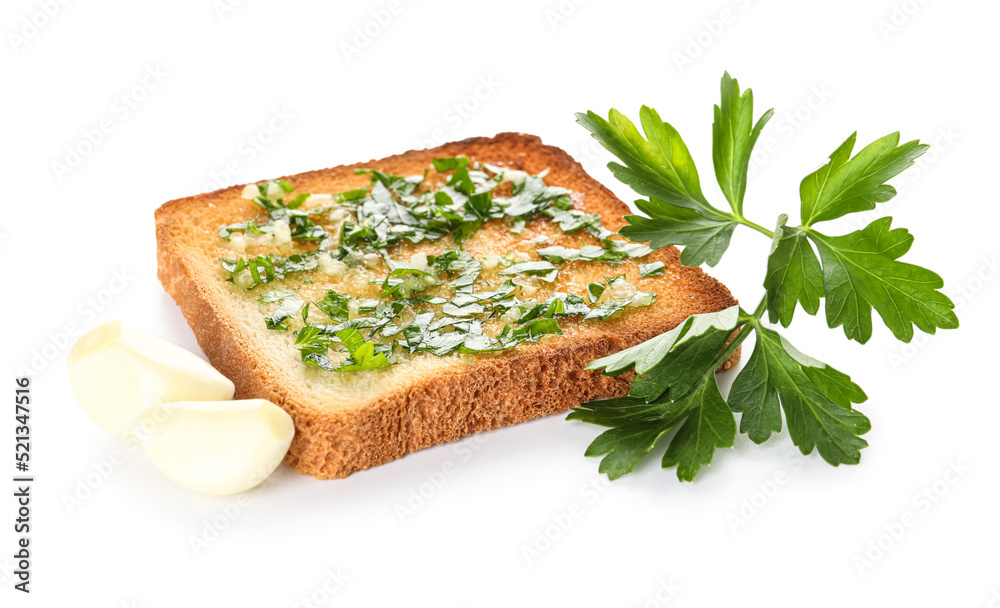 Slice of toasted garlic bread and parsley on white background