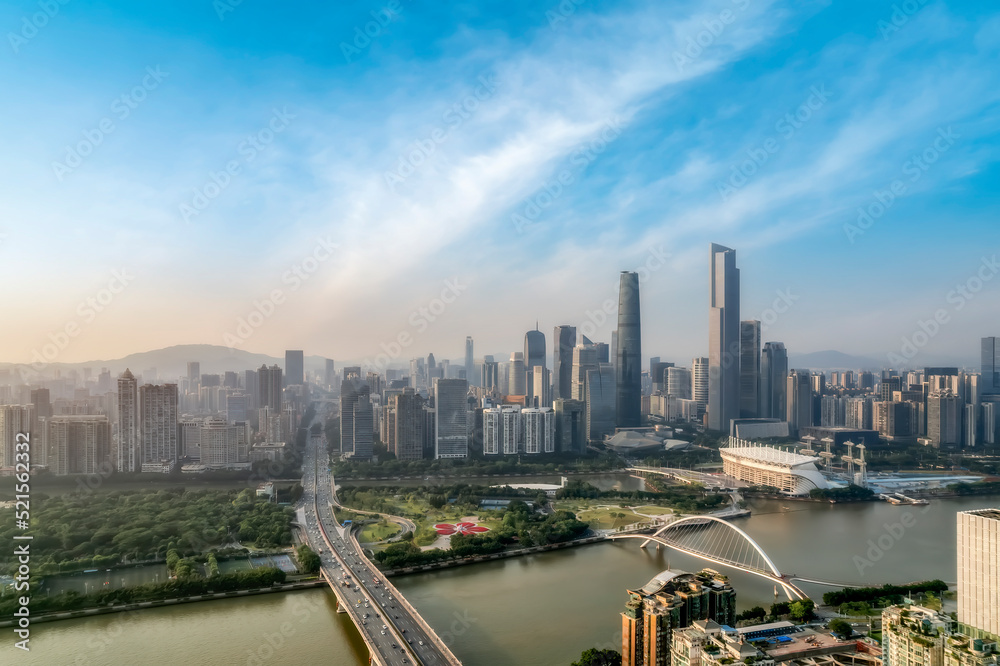 Aerial photography of urban buildings skylines on both sides of the Pearl River in Guangzhou, China