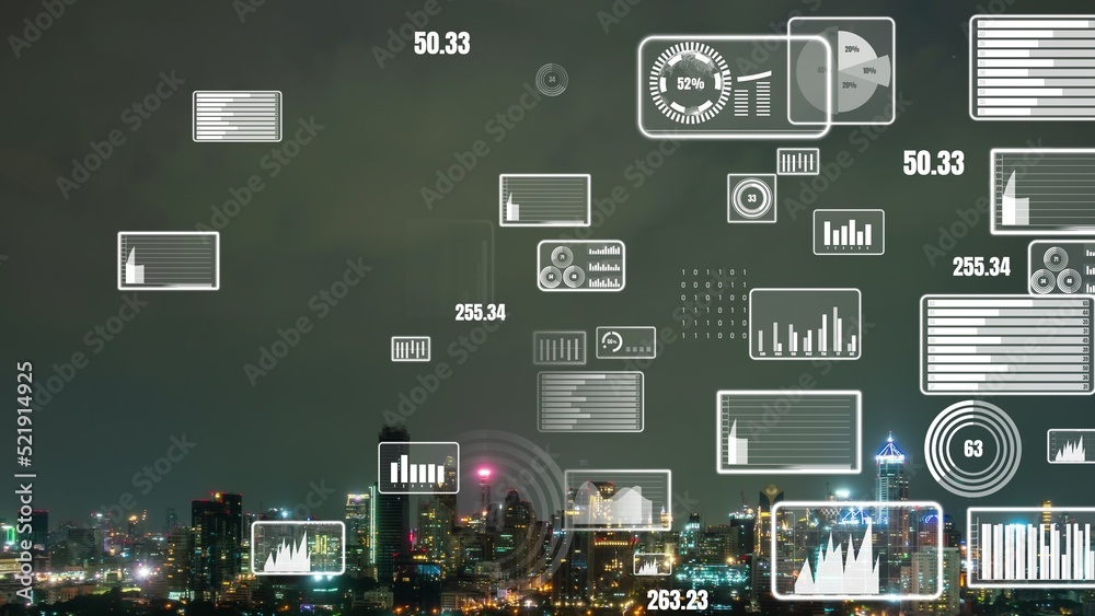 Business data analytic interface fly over smart city showing alteration future of business intellige