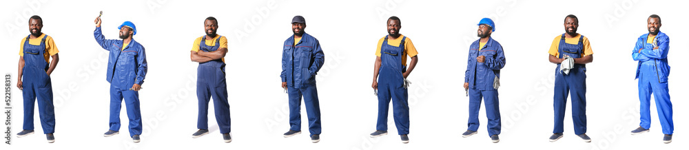 Set of African-American car mechanic isolated on white