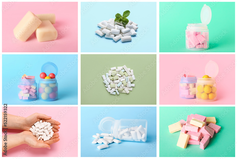 Collage with different chewing gums on color background