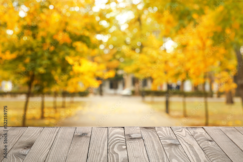 Empty wooden table in autumn city park