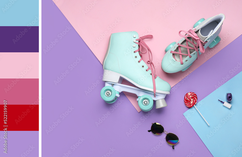 Vintage roller skates, lollipop and accessories on color background. Different color patterns