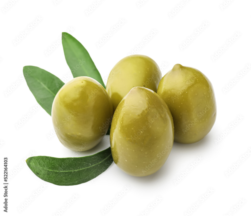 Tasty canned green olives isolated on white