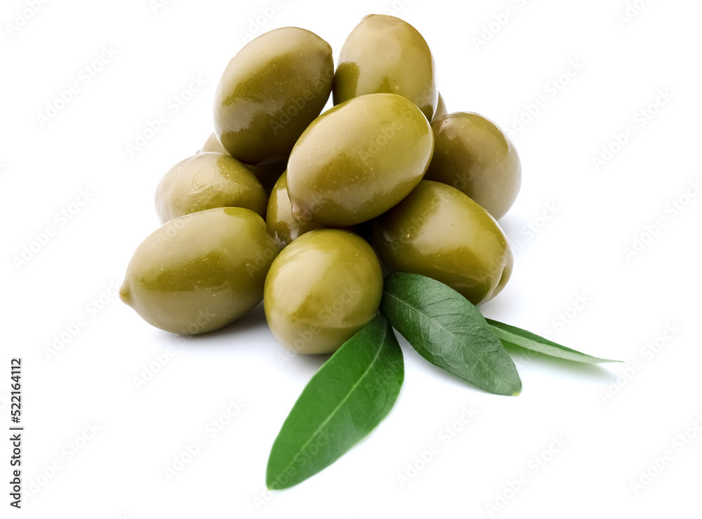 Tasty canned green olives isolated on white