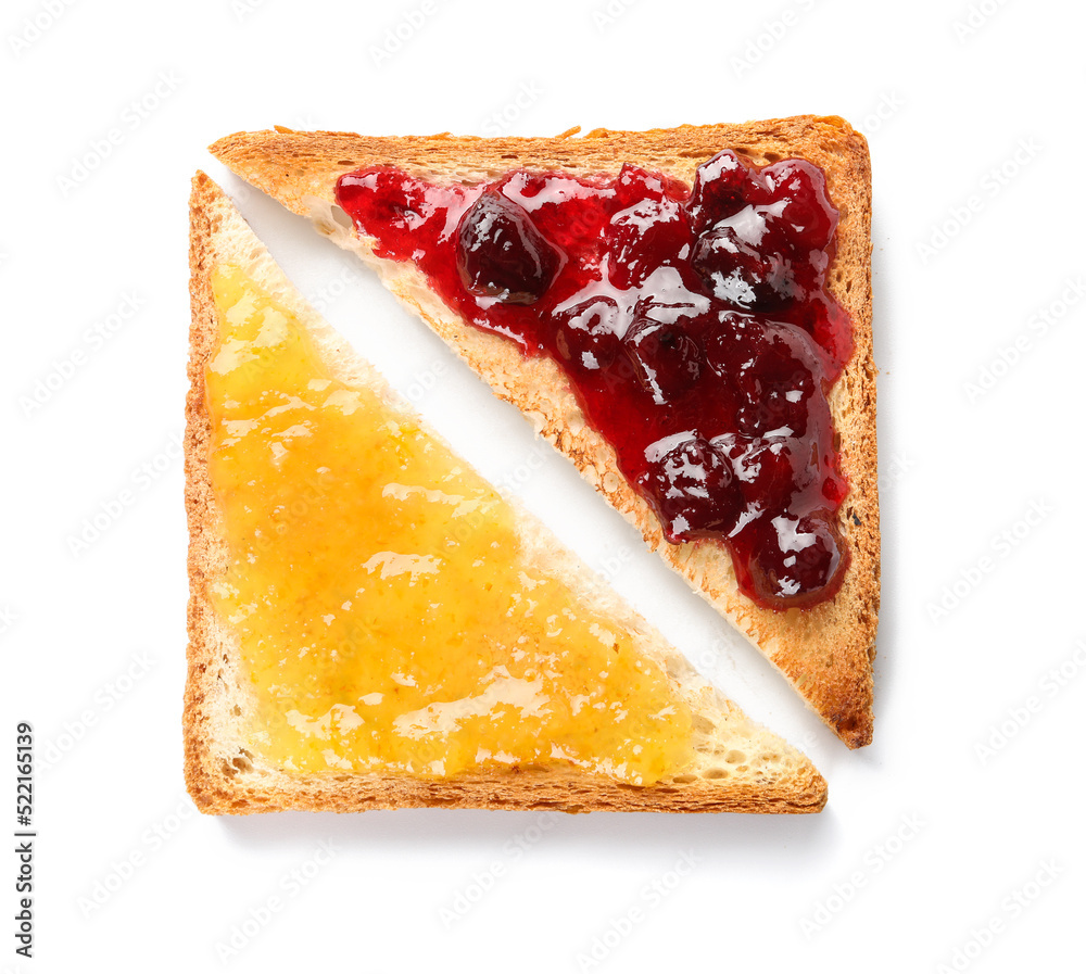 Pieces of toasted bread with jam isolated on white background