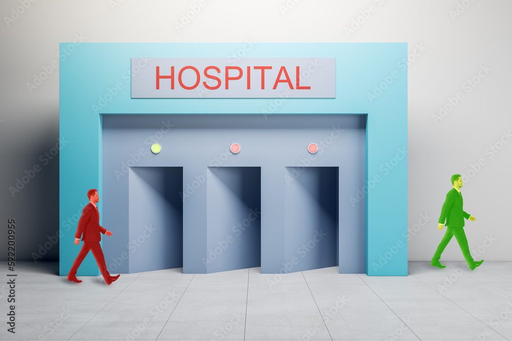 Abstract image of young red man walking into repair shop or hospital and coming out green. Health an