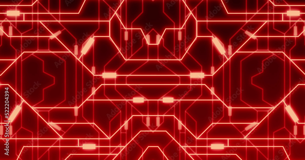 Image of neon integrated circuit on red background