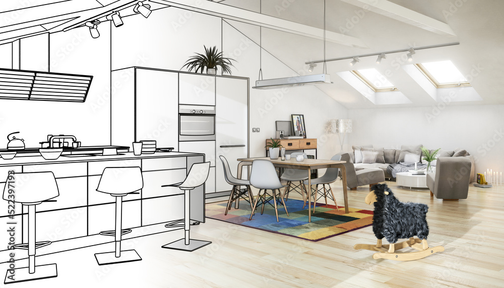 Geräumige Dachwohnung im Loft- Ausbau (Entwurf) - 3D Visualisierung