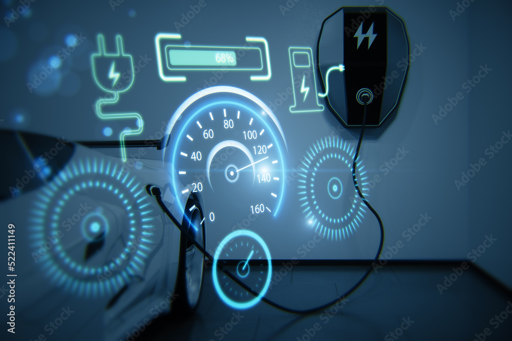 Creative electronic car dashboard interface hologram on blurry blue background. Automobile, charging