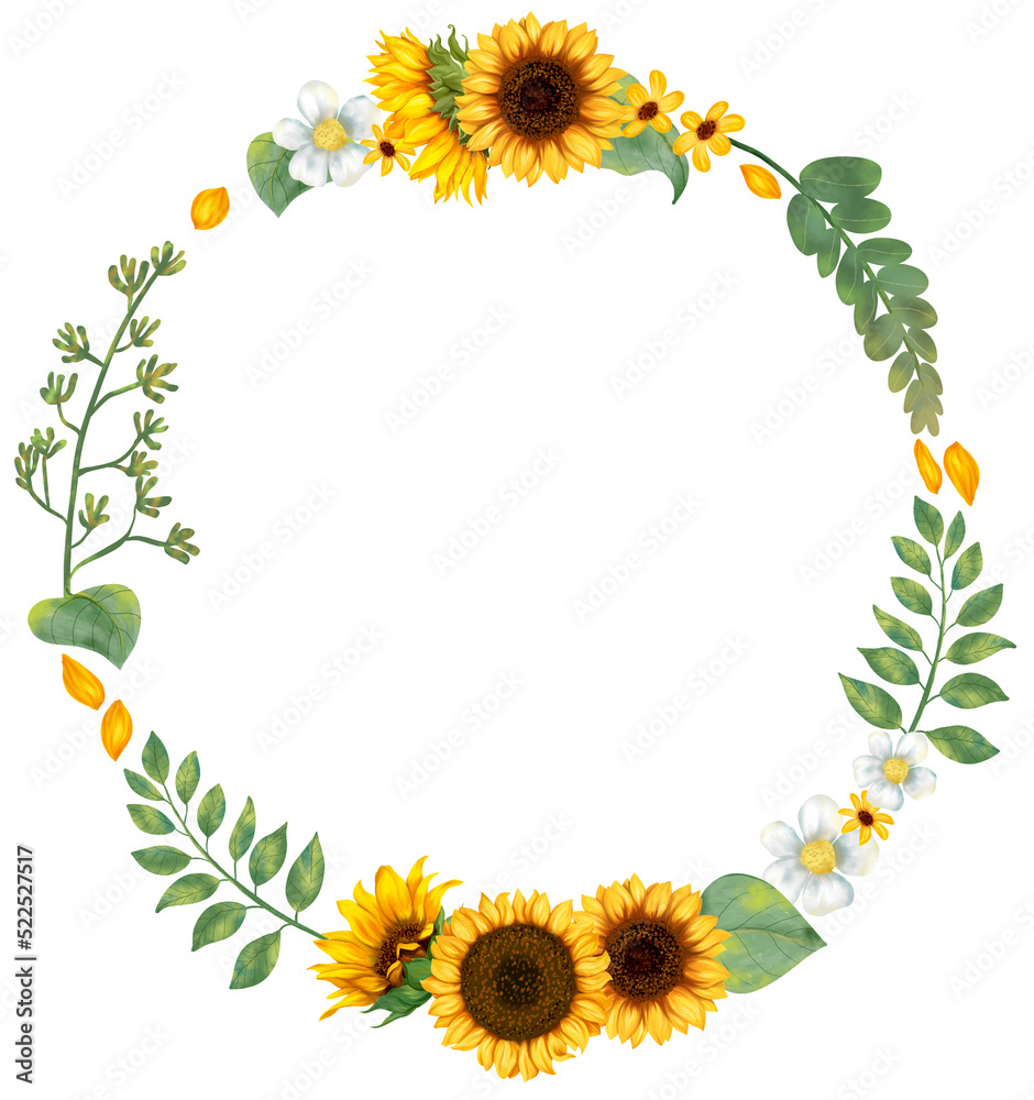 Sunflower wreath and leaves art painting