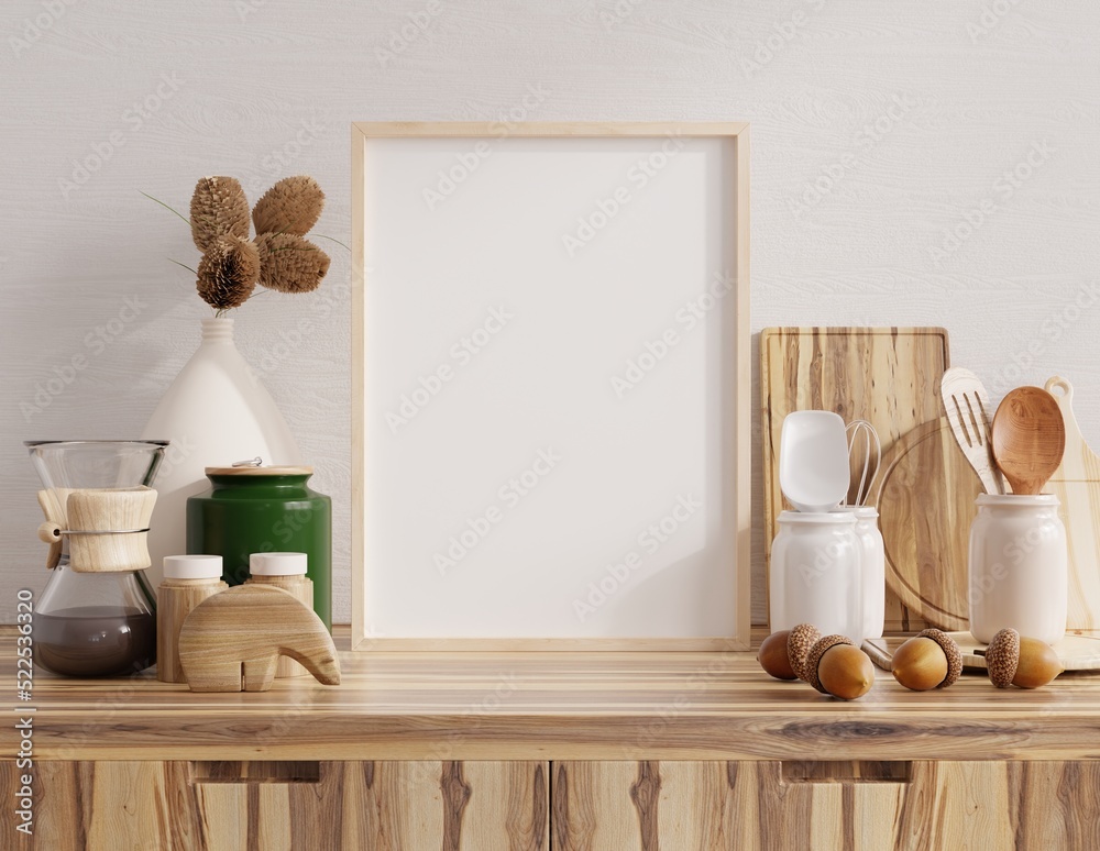 Mock up poster frame in kitchen interior with white wall on wood shelf.