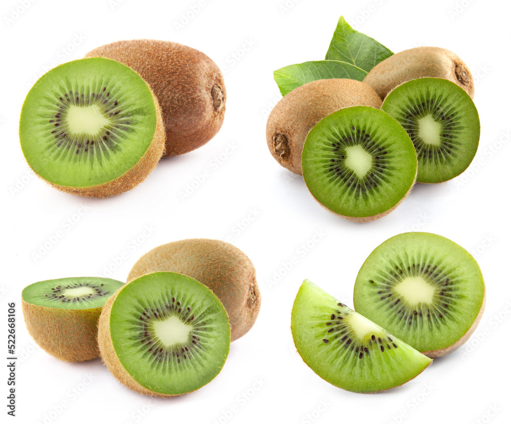 Kiwi系列，白色背景上有隔离的叶子。Kiwi set Clipping Path。Kiwi macro studio