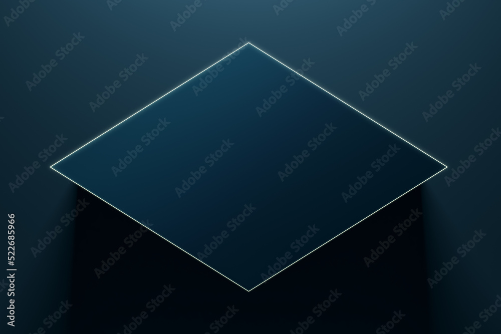 Creative illuminated blue rhombus with mock up place on texture. 3D Rendering.