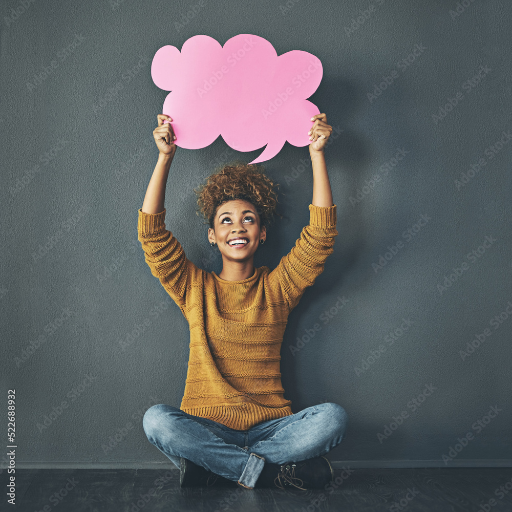 Woman holding thought bubble, chat and speech board for voice opinion, chatting on social media and 