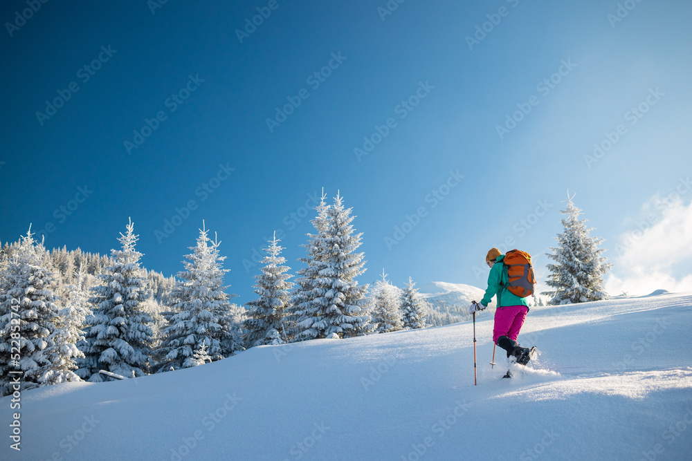 一个女人穿着雪地鞋在冬天徒步旅行