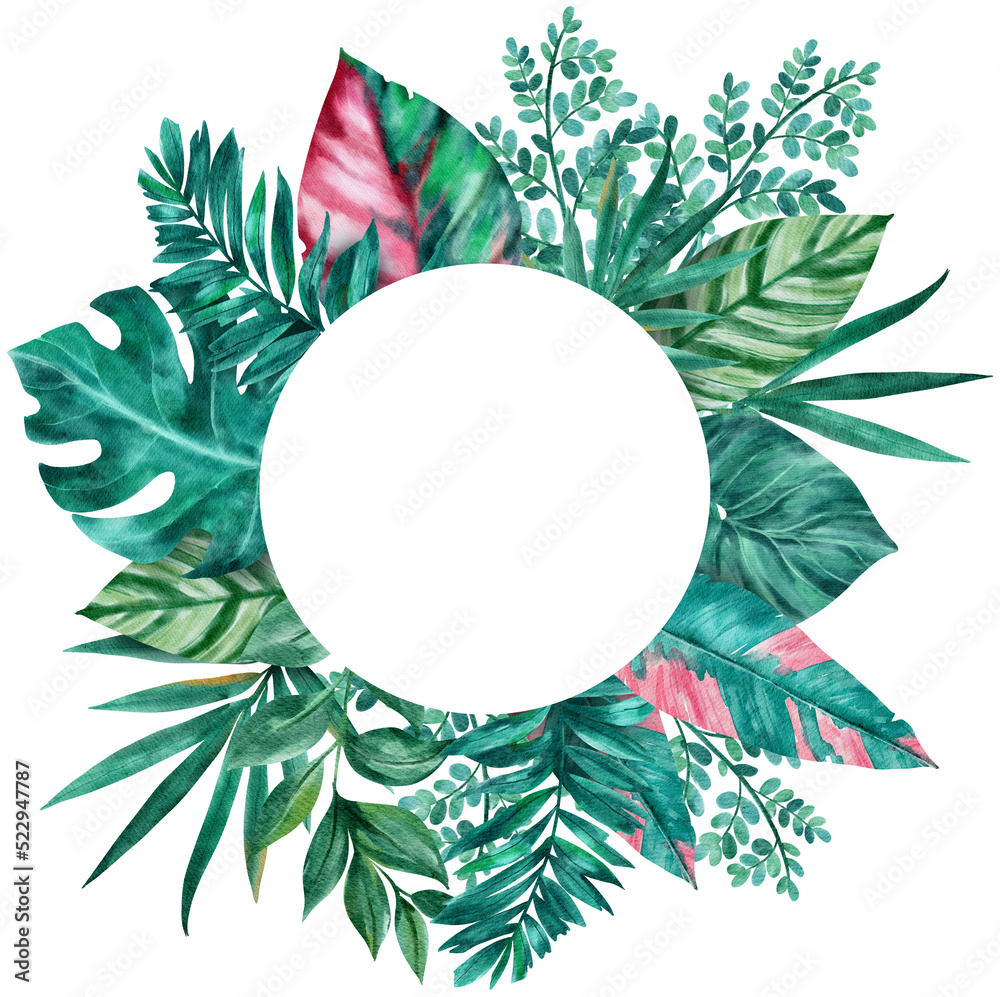 Tropical Green leaf Frame Watercolor Painting