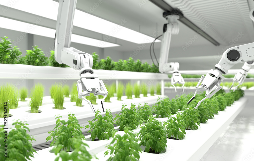 Smart robotic farmers concept, robot farmers, Agriculture technology, Farm automation.