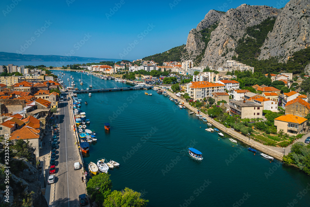 Omis cityscape with Cetina river from the cliffs, Dalmatia, Croatia