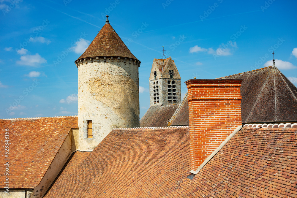 Beautiful roof old tower and walls of Blandy-les-Tours castle