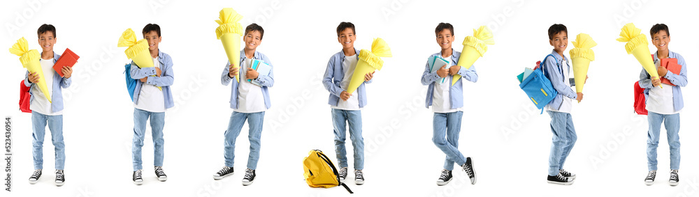 Collage of little boy with school cone, backpacks and books on white background