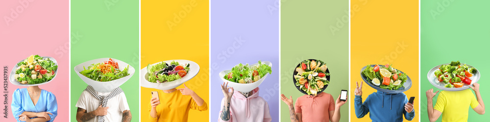 Set of people with plates of tasty Caesar salad instead of their heads on colorful background