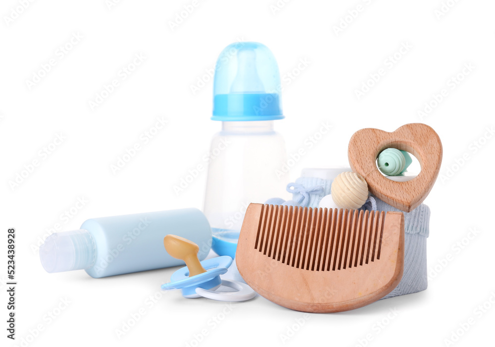 Different accessories for baby boy on white background