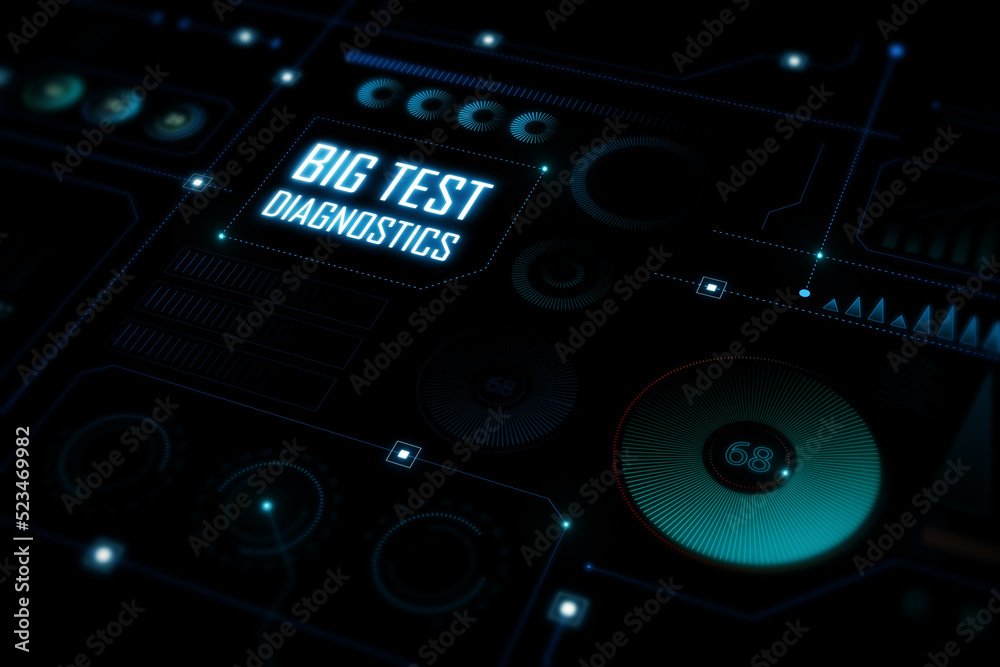 背景为各种图标的抽象发光深色数字业务界面。诊断，激活