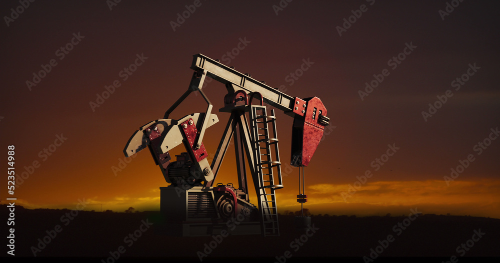 Image of oil pump working over sunset and landscape in background