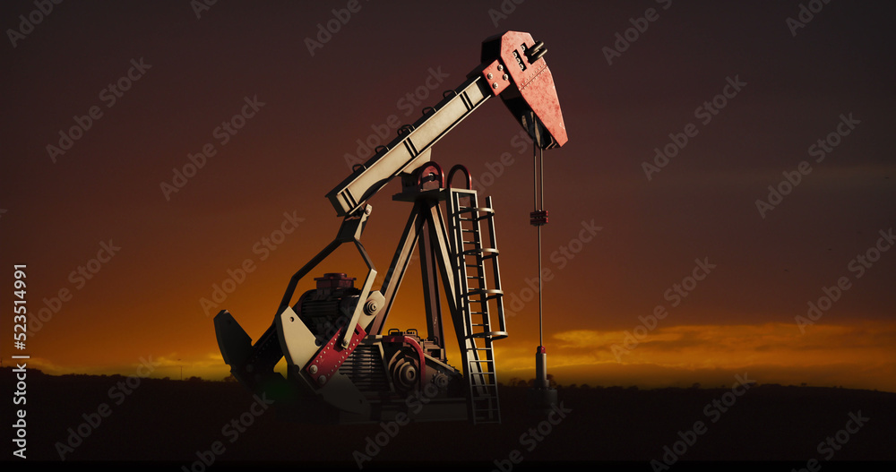 Image of oil pump working over sunset and landscape in background