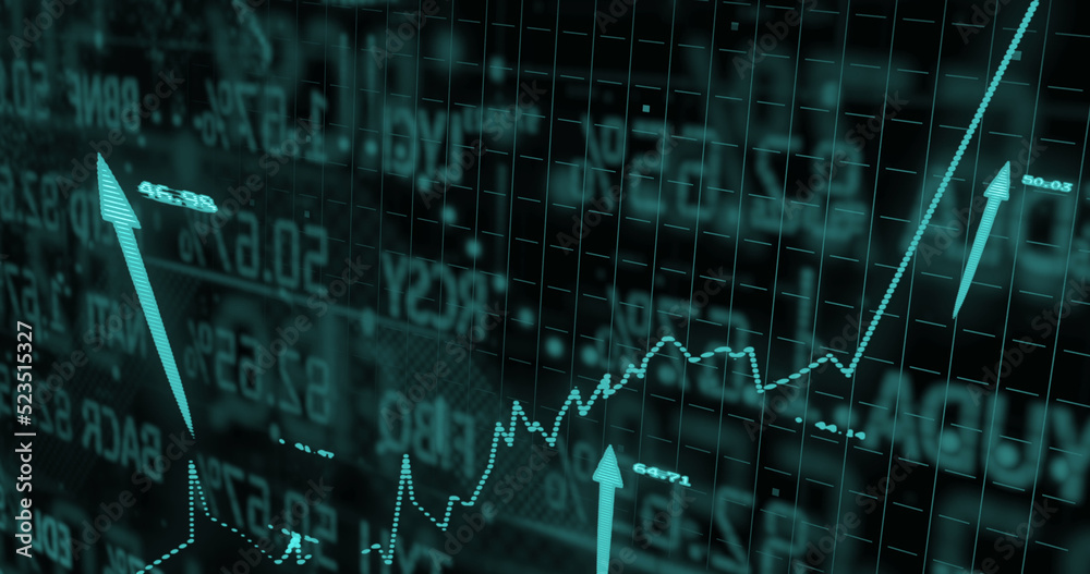 Image of statistics and financial data processing over arrows on black background