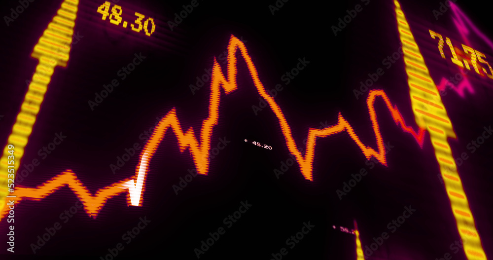 Image of statistics and financial data processing over arrows on black background