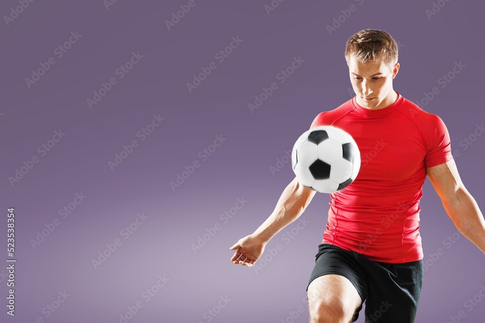 Young fun fan man cheer up support football sport team hold in hand soccer ball