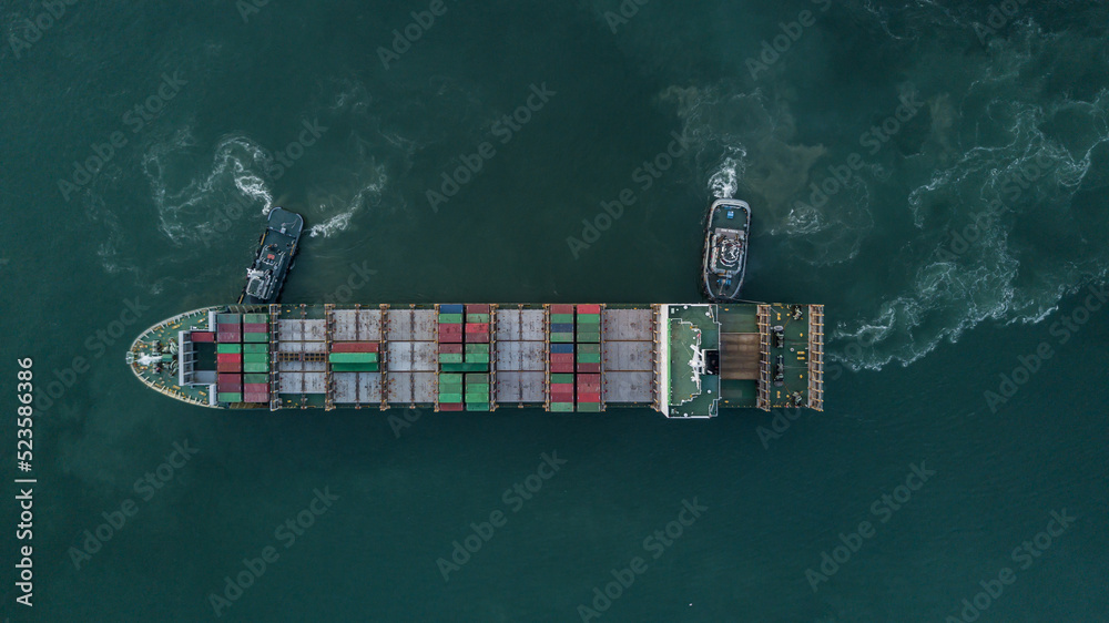 Aerial top view container cargo ship tugboat, Global business logistic import export transportation 