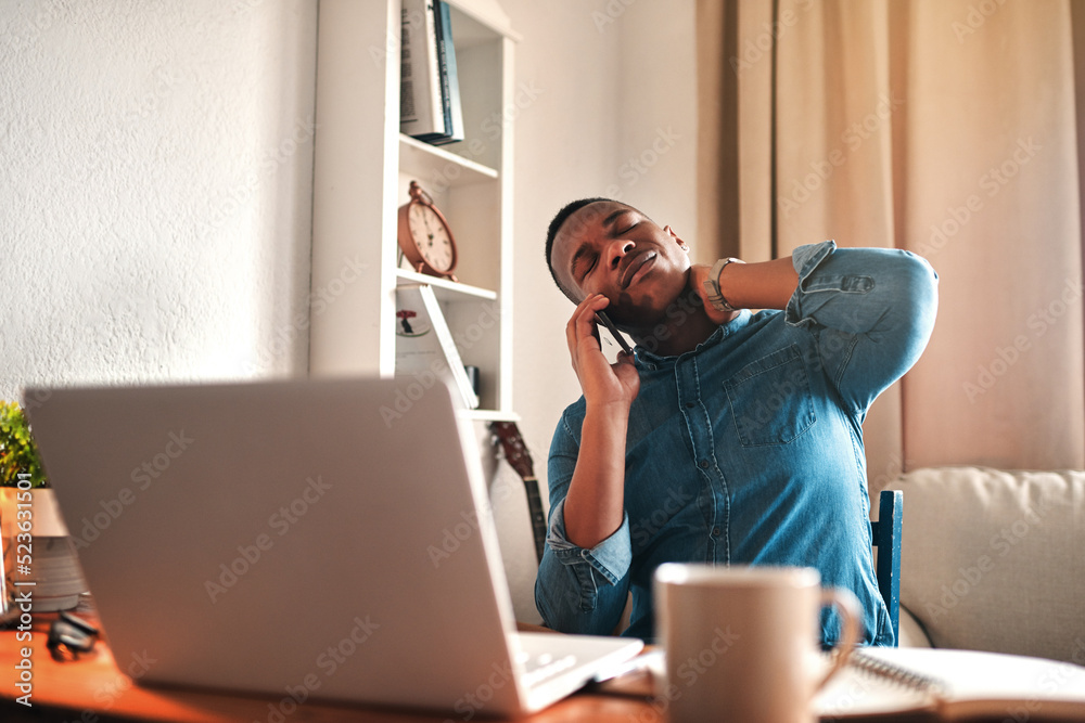 Tired business man with neck pain on a laptop and phone call, looking stressed and stretching bad, s