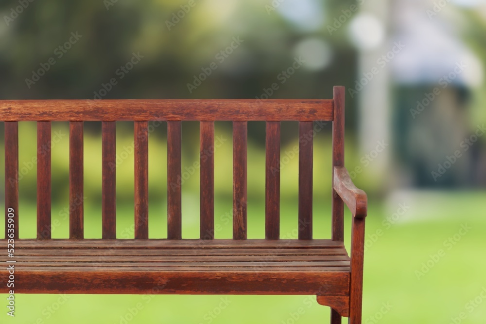 Empty wood bench on green grass in the city park during summer day. Public chair on the lawn in scen