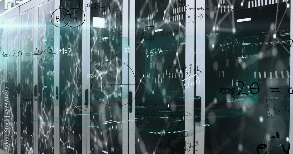 Image of networks of connections and maths calculations over computer server room