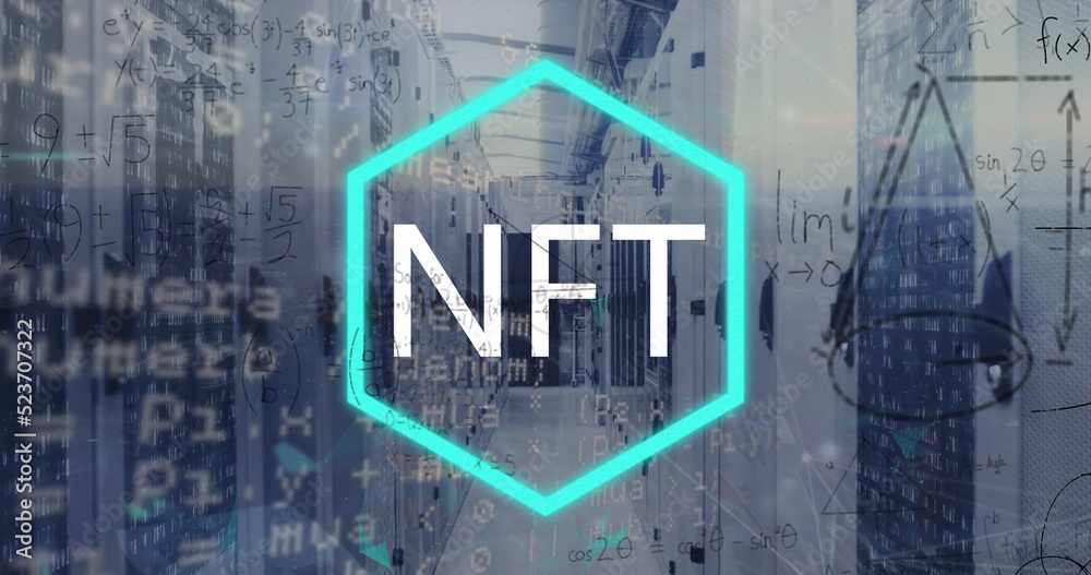 nft符号、数学计算和计算机服务器室处理数据的图像