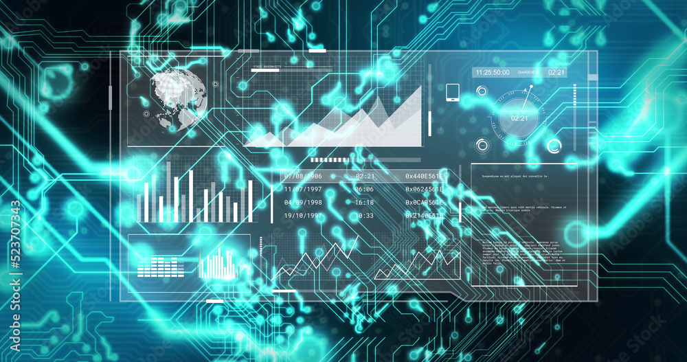 Image of computer circuit board over data processing on black background