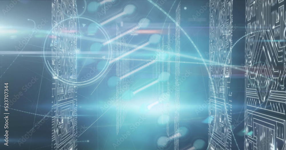 Image of dna structure spinning over screens of microprocessor connections on blue background