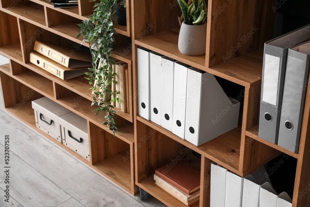 Wooden shelving unit with folders and houseplants near green wall