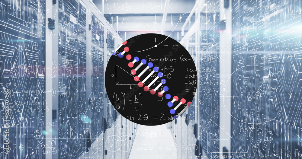 Image of data processing and dna strand over server room