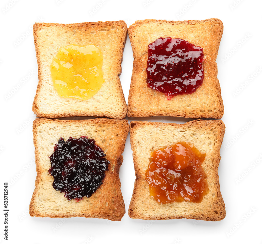 Toasts with delicious jam isolated on white background