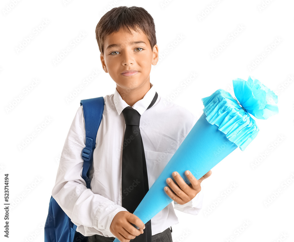 Little boy with school cone on white background