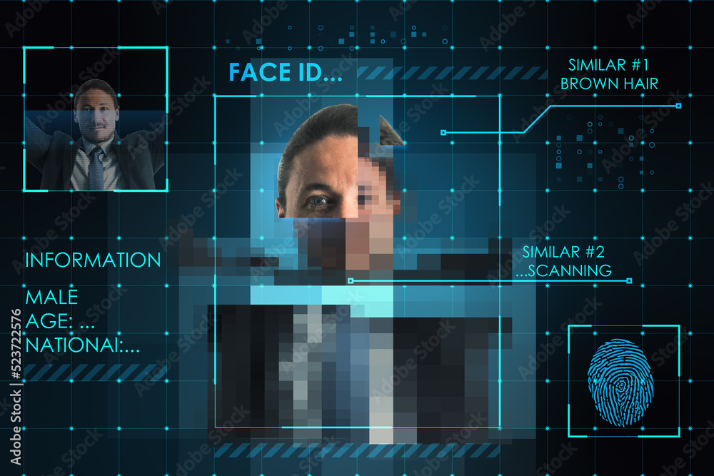 Abstract image of caucasian businessman face ID scanning. Digital scan and biometric recognition.