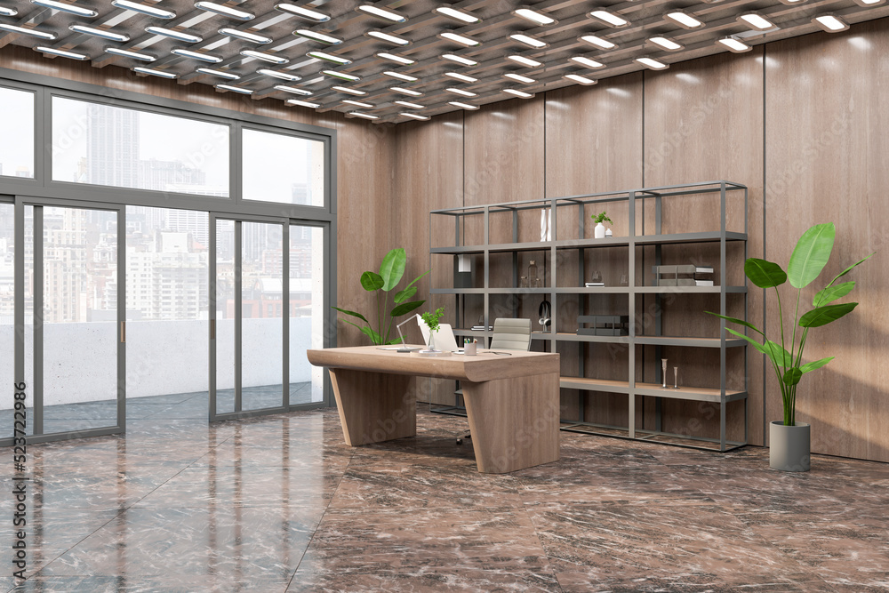 Luxury wooden and marble floor office room interior with furniture, panoramic glass door and windows