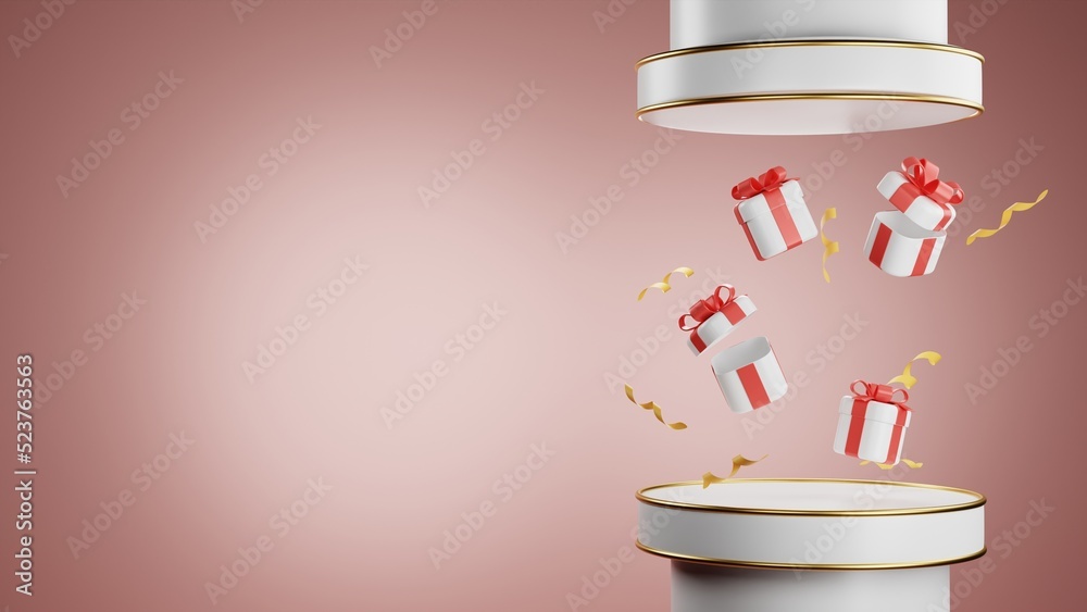 Christmas 3d style Product podium scene with flying falling white gift box with red bow. Merry Chris