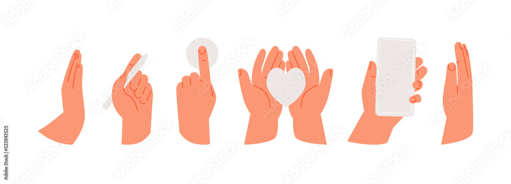 Hands collection in various positions. Greeting, writing, holding a smartphone, touching human gestu