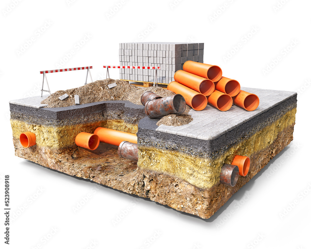 Concept of road works with a digged hole and soil mound, fenced by the road barriers, stack of new p